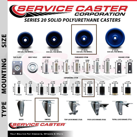Service Caster 4'' SS Solid Poly Wheel Swivel 1-1/2'' Expanding Stem Caster SCC-SSEX20S414-SPUS-112